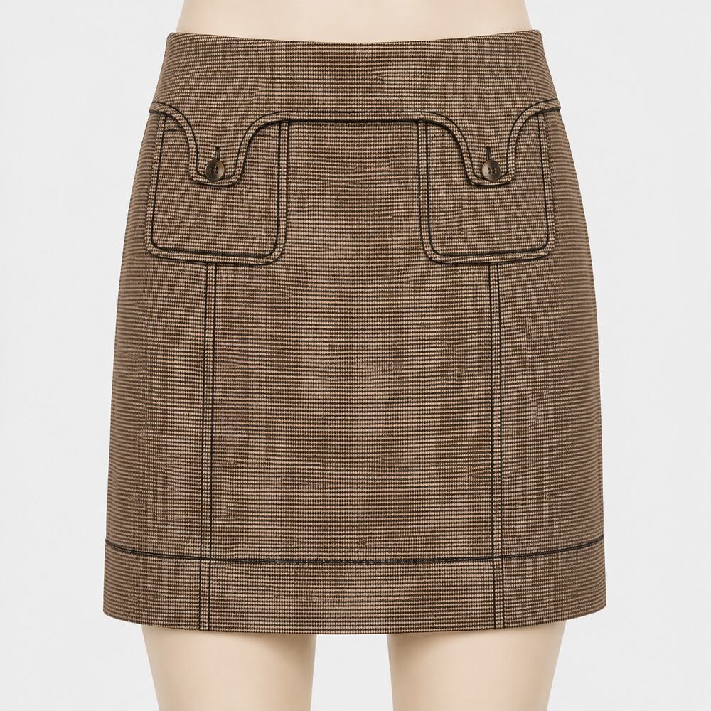 W by Worth Brown Houndstooth Mini Skirt Womens Size 8 Cotton Blend Button Pocket